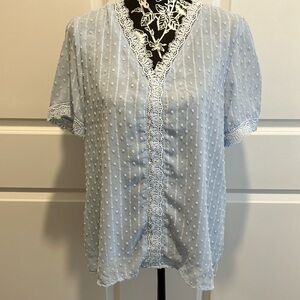 Light Blue Puff Sleeve Ruffled Blouse